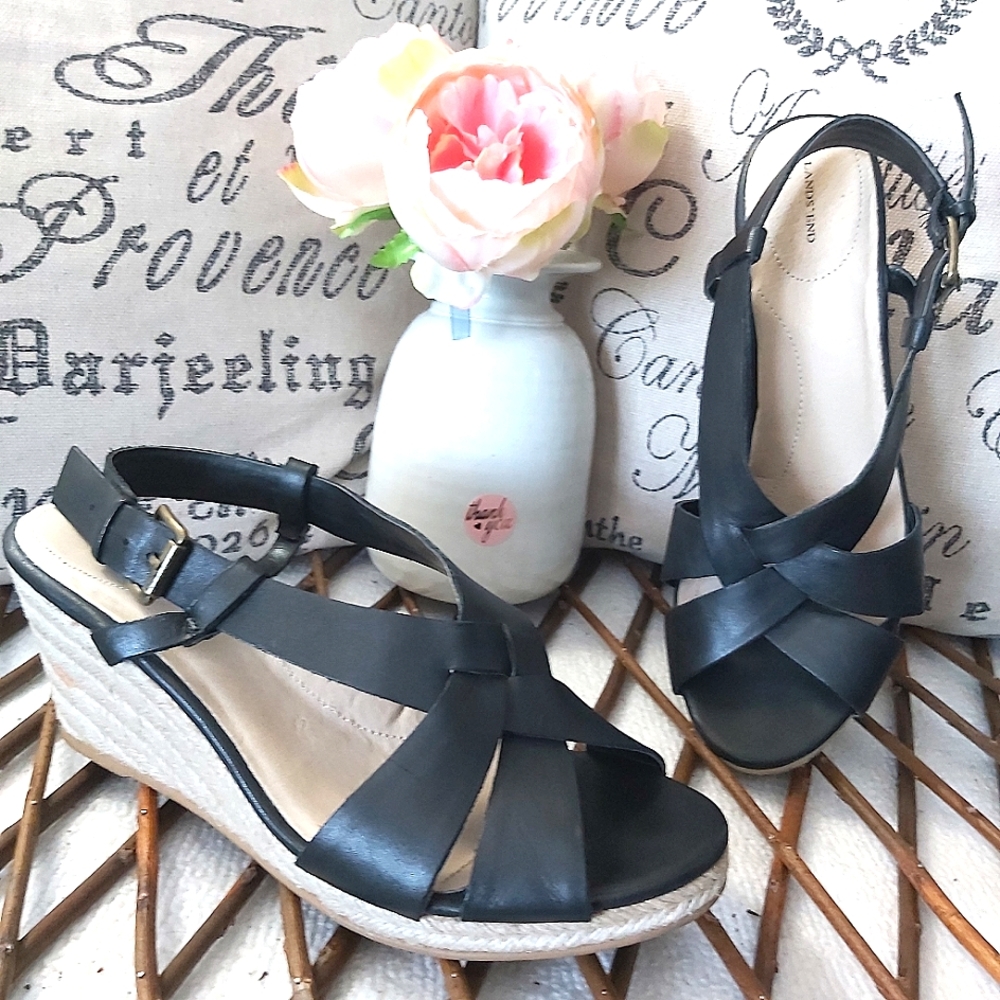 Lands' End leather espadrilles wedge sandals black strappy heels y2k
